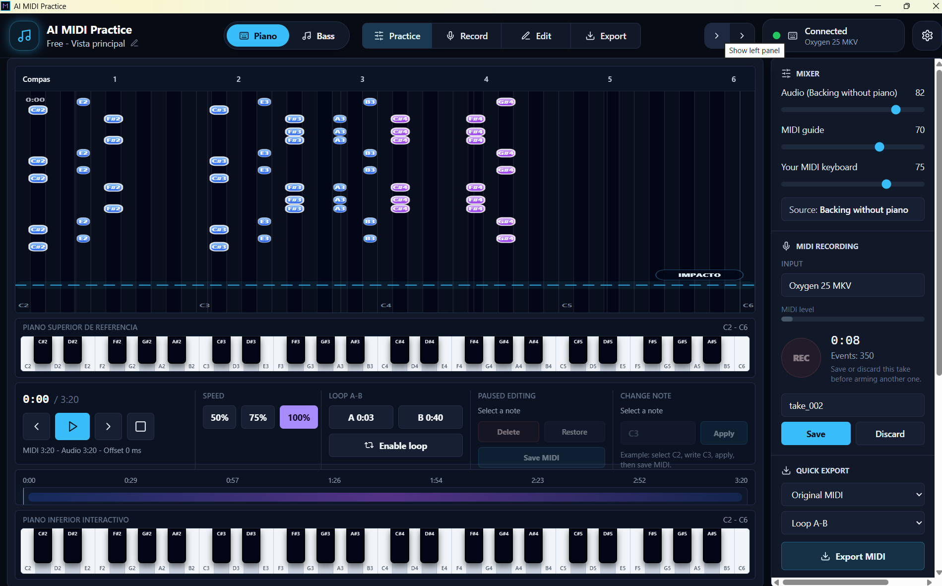 SMB desktop app preview showing a dark MIDI practice interface with falling notes, piano keyboard and recording controls.