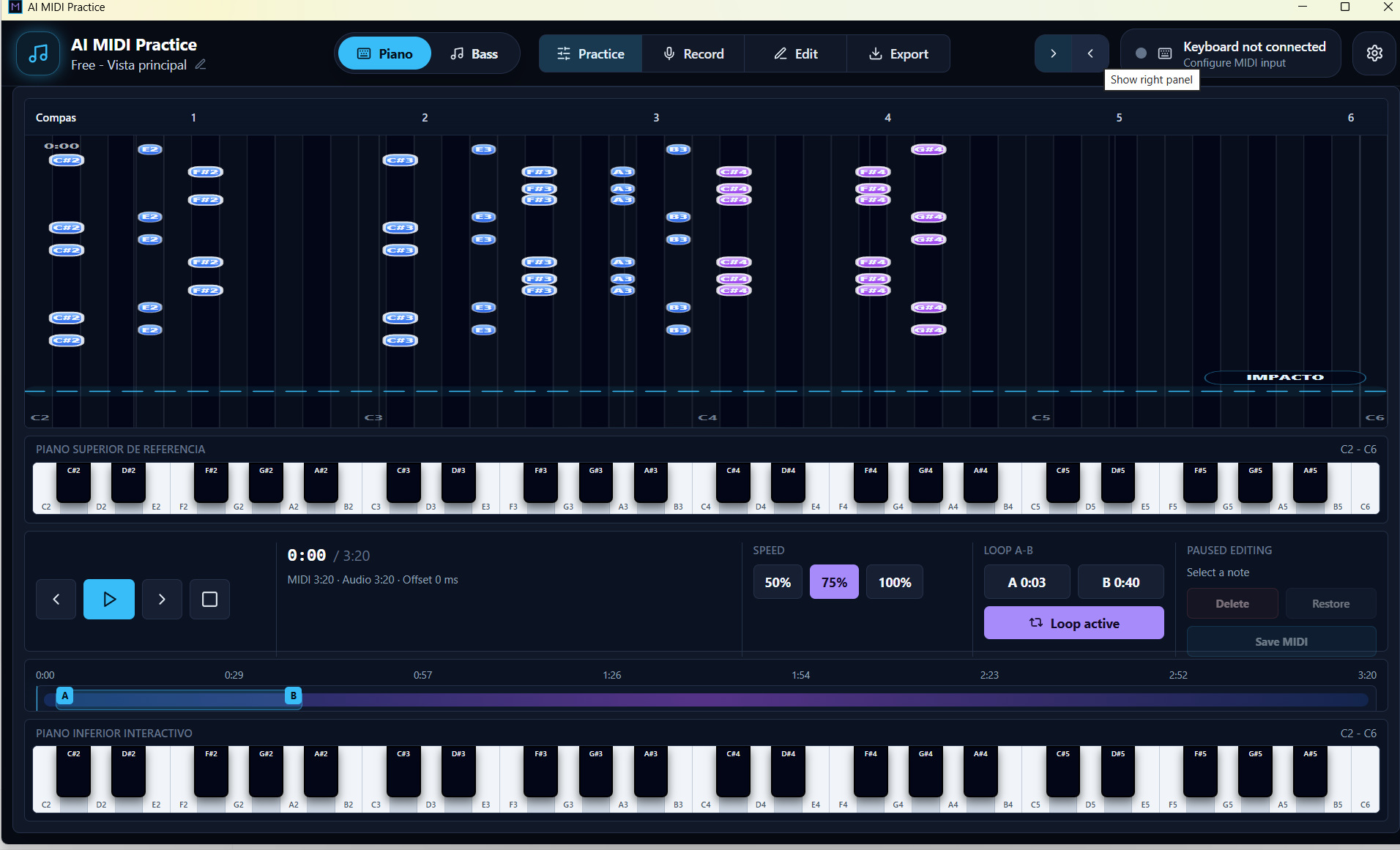 SMB desktop app preview showing a dark MIDI practice interface with falling notes, piano keyboard and recording controls.