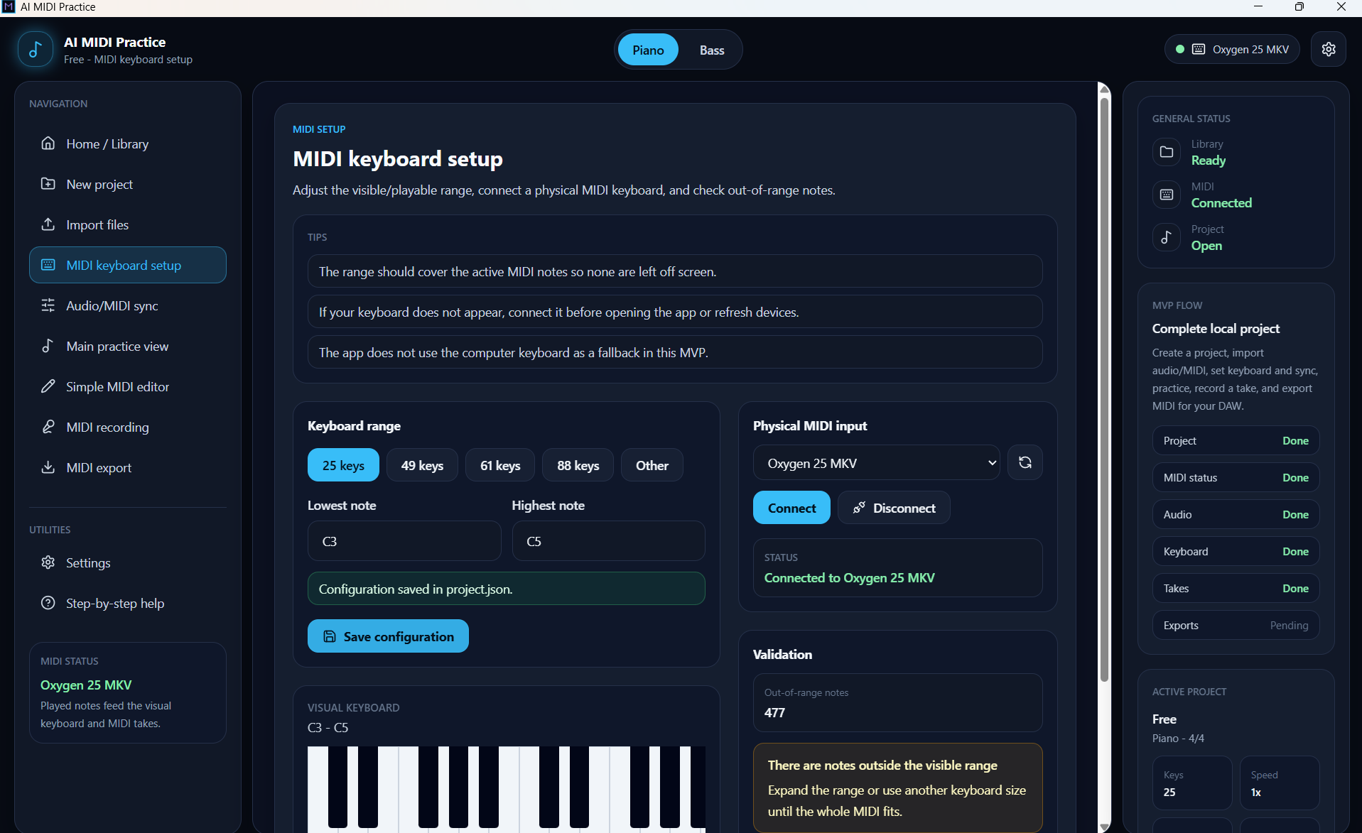 SMB MIDI keyboard setup screen with playable range, device connection and visual keyboard.