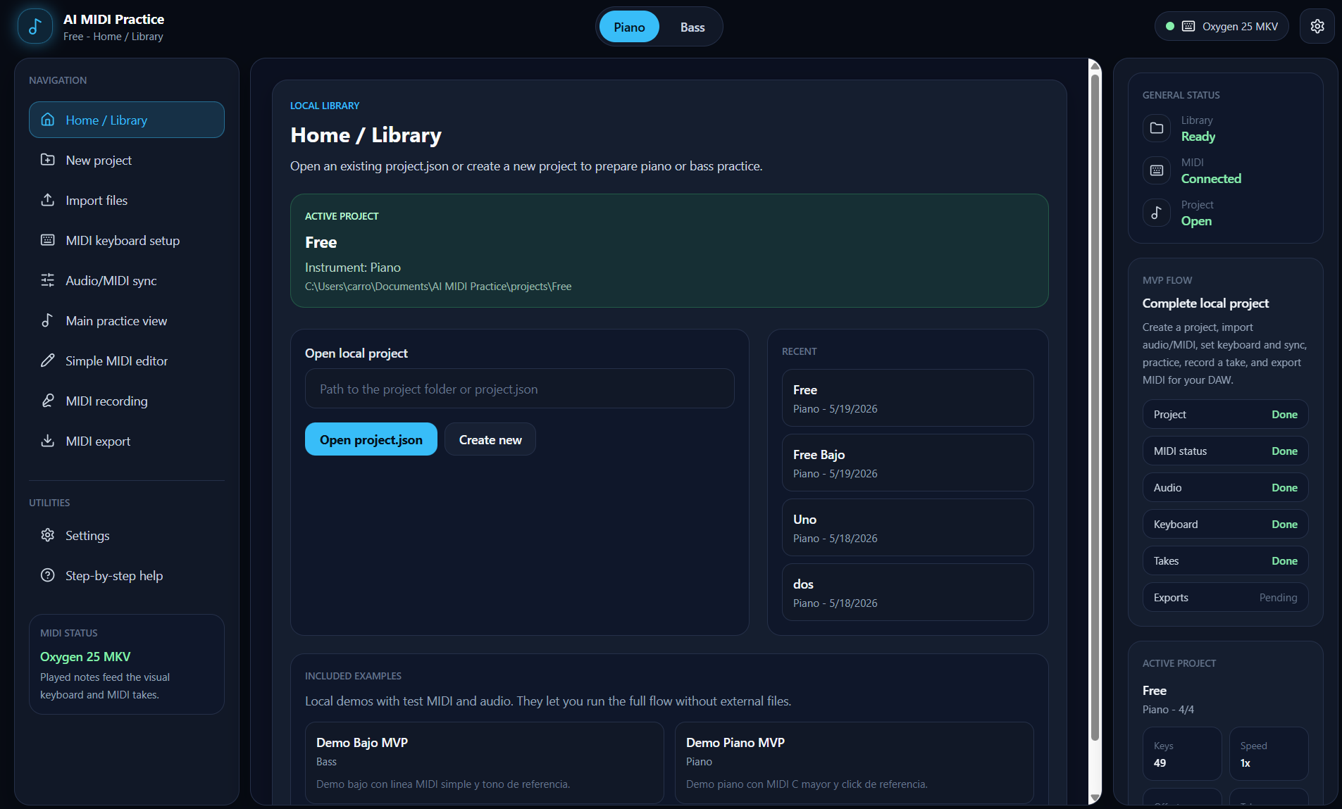 SMB local library screen with active project, recent projects and status panels.