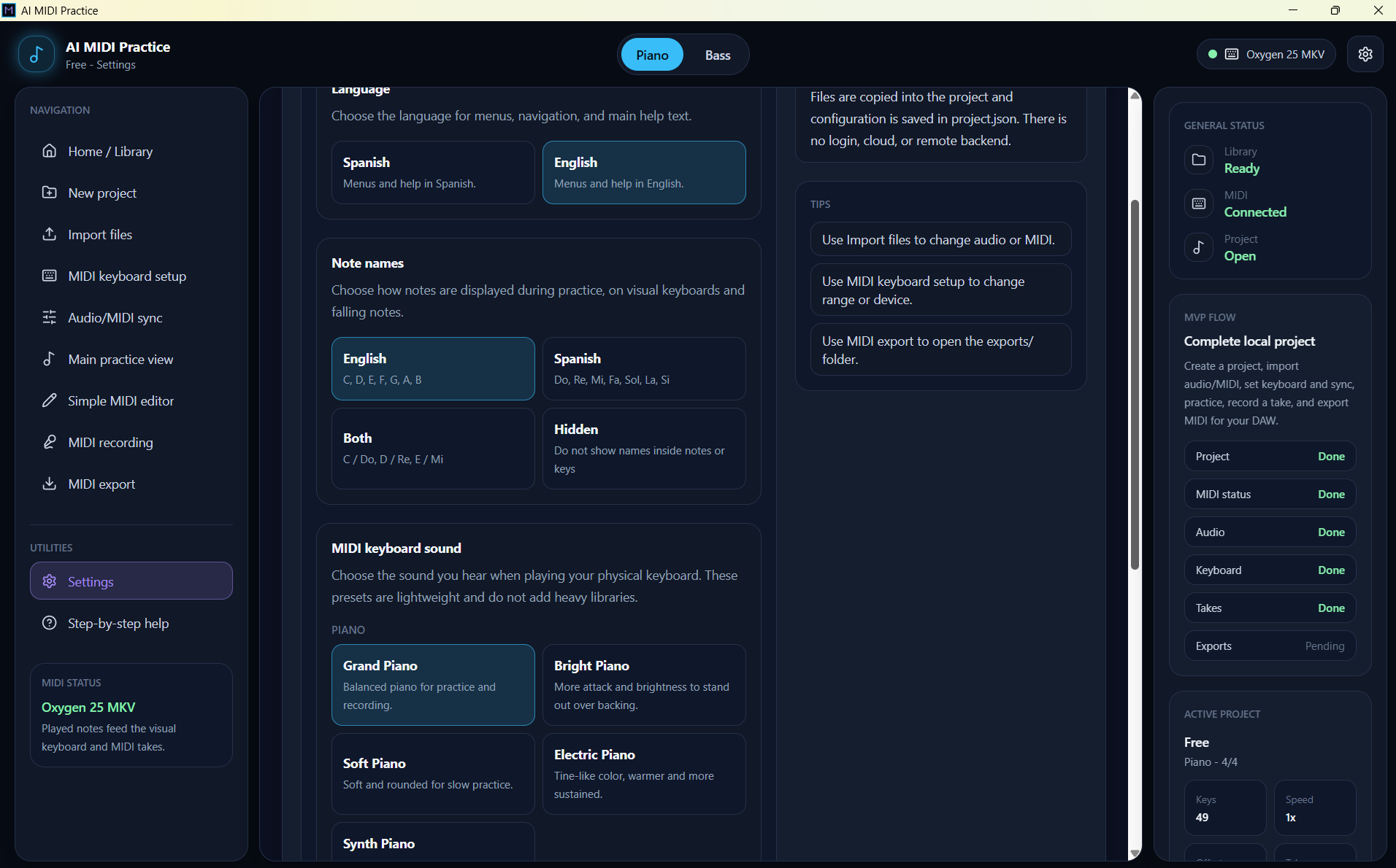 SMB settings screen with language, note names and MIDI keyboard sound options.